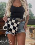 Checkered Cowhide Make Up Toiletry Bag Wristlet: Black