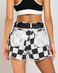 Checkered Distressed Shorts with Color Block Pocket