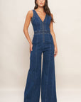 V-Neck Wide Leg Jumpsuit- Medium Indigo
