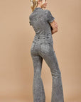 Short-Sleeve Denim Jumpsuit- Distressed Grey