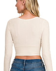 Ribbed Cross Front Cropped Long Sleeve- RRT-8526Y- Sand Beige