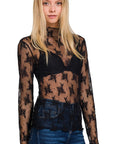 Sheer Lace Applique Top- Black