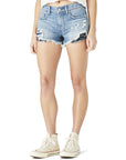 Mid-Rise Boy Short Distressed Hem and Pocket Accent