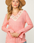 V-Neck Sweater with Lace Neck Details- Coral