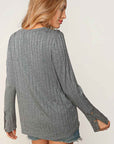 Ribbed V-Neck with Lace Trim Neck- Grey-