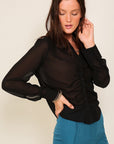 Sheer Collared Button-Up- Black