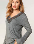Ribbed V-Neck with Lace Trim Neck- Grey-