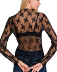 Sheer Lace Applique Top- Black