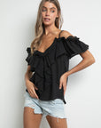 Off-Shoulder Ruffle Sleeve Top - Black