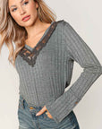 Ribbed V-Neck with Lace Trim Neck- Grey-