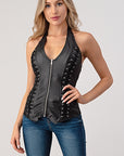 Lace-Up Detail Leather Halter- L3920- Black