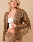 Faux Leather Cropped Eyelet Fringe Jacket- 61242J- Brown