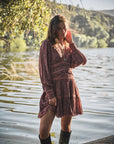 V-Neck Floral Tiered Dress- Wine-