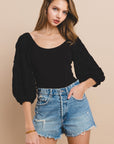 Scoop Neck Balloon Sleeve Bodysuit- Black-