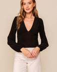 V-Neck Ruched Side LongSleeve- Black