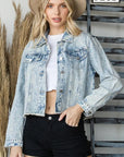 Distressed Denim Jacket with Rhinestone Stripes