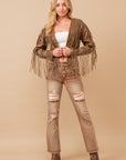 Faux Leather Cropped Eyelet Fringe Jacket- 61242J- Brown