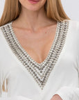 Bejeweled V-Neck Long Sleeve - White