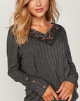 PLUS- Ribbed V-Neck with Lace Trim Neck- Charcoal-