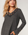 PLUS- Ribbed V-Neck with Lace Trim Neck- Charcoal-