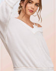 V-Neck Waffle Sweater-White-