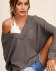 V-Neck Waffle Sweater- Charcoal-