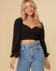 Puff Sleeve Surplice Crop Top- Black-
