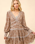 V-Neck Floral Tiered Dress- Wine-