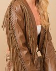 Faux Leather Cropped Eyelet Fringe Jacket- 61242J- Brown