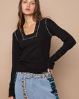Ribbed Square Neck Long Sleeve with Contrast Stitch- Black-