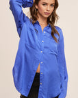 Hazel Button Down Silky Shirt- Royal Blue-