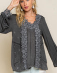 Washed Floral Lace Tunic Top- Black