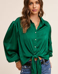 Marci Tie Front Button Down- Emerald-