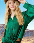 Marci Tie Front Button Down- Emerald-