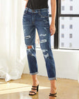 Mid-Rise Distressed Dark Wash Boyfriend Fit with Cuffed Bottom