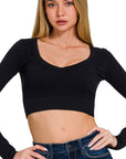 Long Sleeve VNeck Crop Top- NT-6358- Black