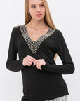Bejeweled V-Neck Long Sleeve - Black