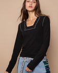Ribbed Square Neck Long Sleeve with Contrast Stitch- Black-
