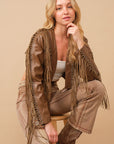 Faux Leather Cropped Eyelet Fringe Jacket- 61242J- Brown