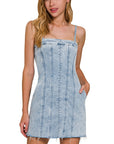 Light Wash Denim Cami Dress with Pockets- DTS-1930A5