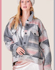 Aztec Print Shacket- Grey/Pink-