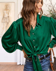 Marci Tie Front Button Down- Emerald-