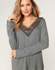 Ribbed V-Neck with Lace Trim Neck- Grey-