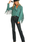 Suede Moto Jacket with Fringe- Teal- BW92C04462