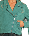 Suede Moto Jacket with Fringe- Teal- BW92C04462