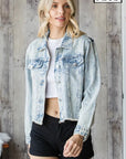 Distressed Denim Jacket with Rhinestone Stripes