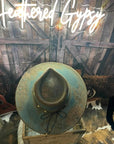 Custom Artist Burned Hat- Teal Rodeo Flowers