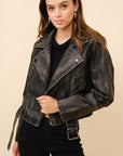 Washed Leather Moto Jacket- Black-