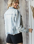 Distressed Denim Jacket with Rhinestone Stripes