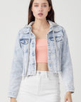 Plus Distressed Denim Jacket with Removeable Hood - XRDJ1109- Light Wash